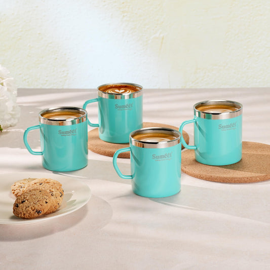 Sumeet Stainless Steel Coloured Double Wall Tea/Milk/Coffee Mug Set of 4Pc - 300ml - Green