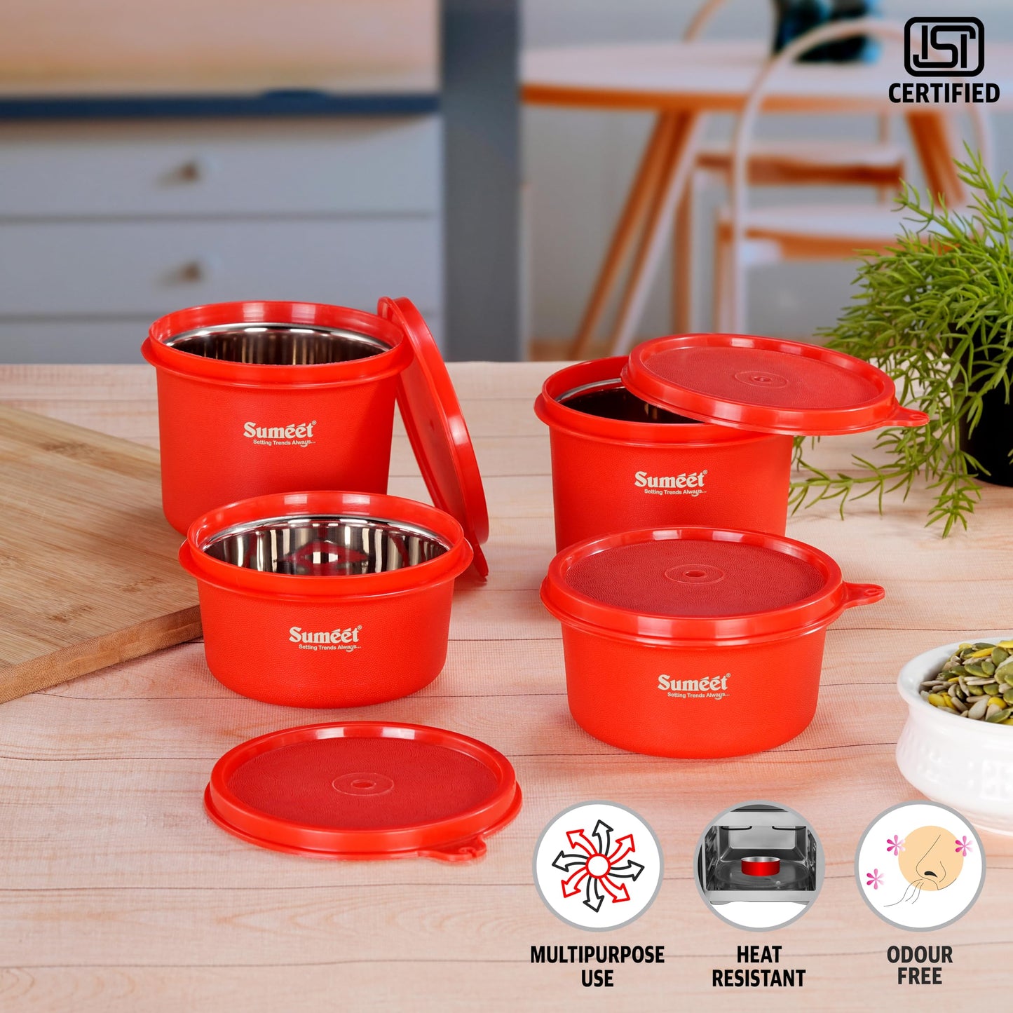 Sumeet ISI Certified Inside Steel Microwave Safe BPA Free Lunch Boxes/Storage Containers with Air Tight & Leak Proof Lid for Home/Office/School, 350ml & 500ml Set of 4, Red