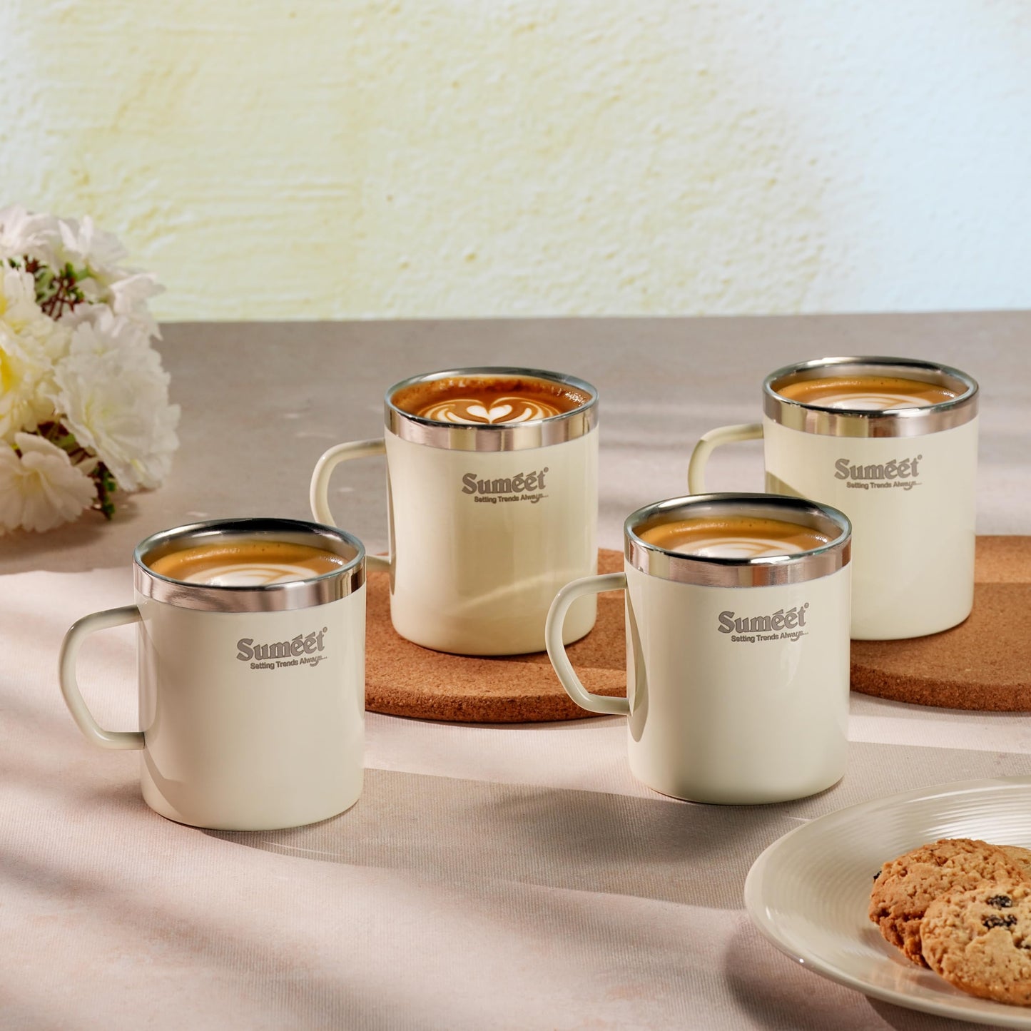 Sumeet Stainless Steel Coloured Double Wall Tea/Milk/Coffee Mug Set of 4Pc - 300ml - Ivory