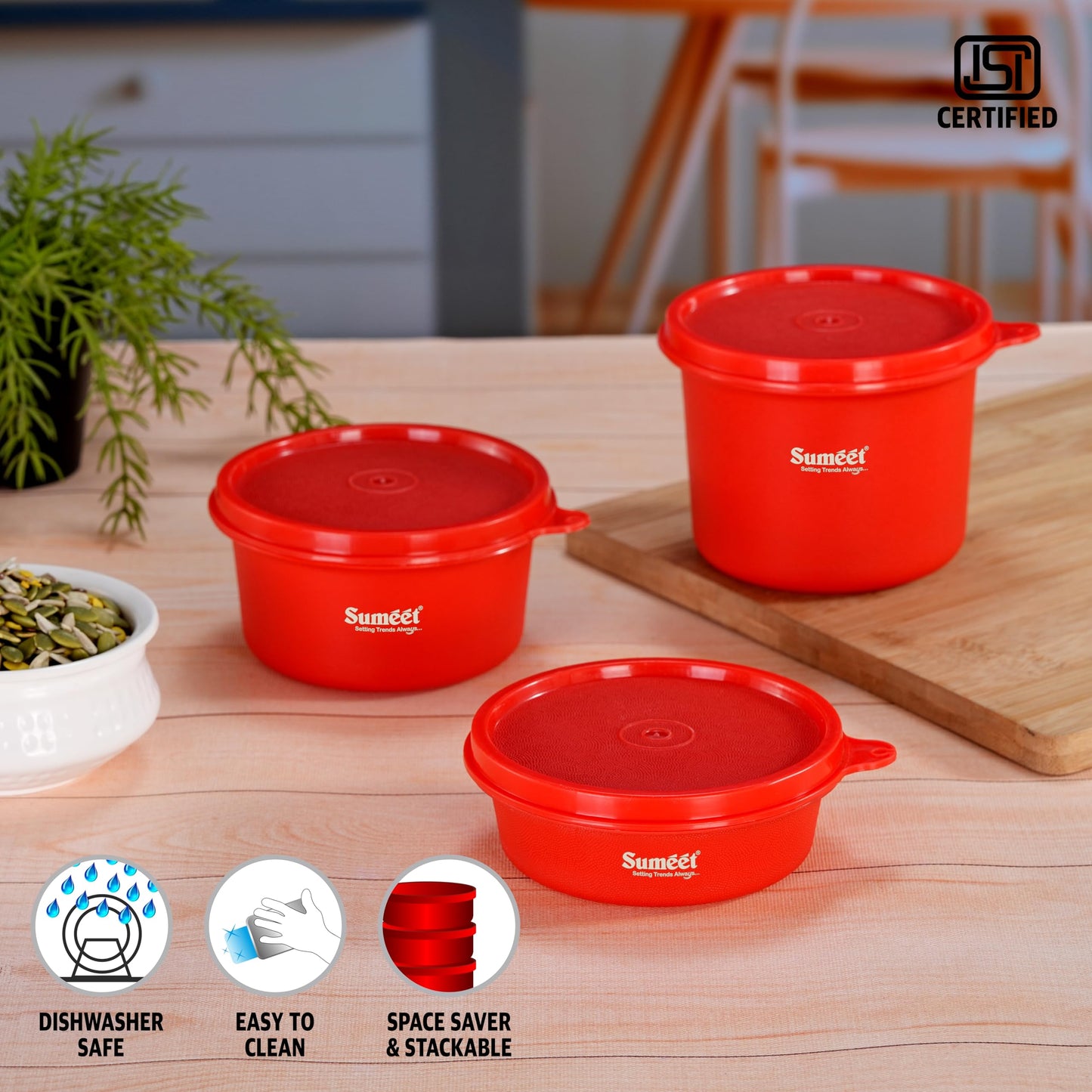 Sumeet ISI Certified Inside Steel Microwave Safe BPA Free Lunch Boxes/Storage Containers with Air Tight & Leak Proof Lid for Home/Office/School, 250ml, 350ml & 500ml, Set of 3, Red