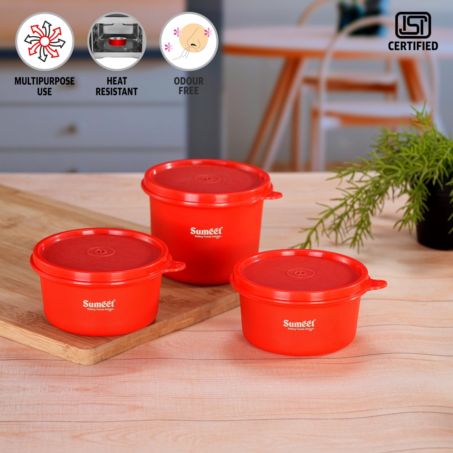 Sumeet ISI Certified Inside Steel Microwave Safe BPA Free Lunch Boxes/Storage Containers with Air Tight & Leak Proof Lid for Home/Office/School, 350ml & 500ml Set of 3, Red
