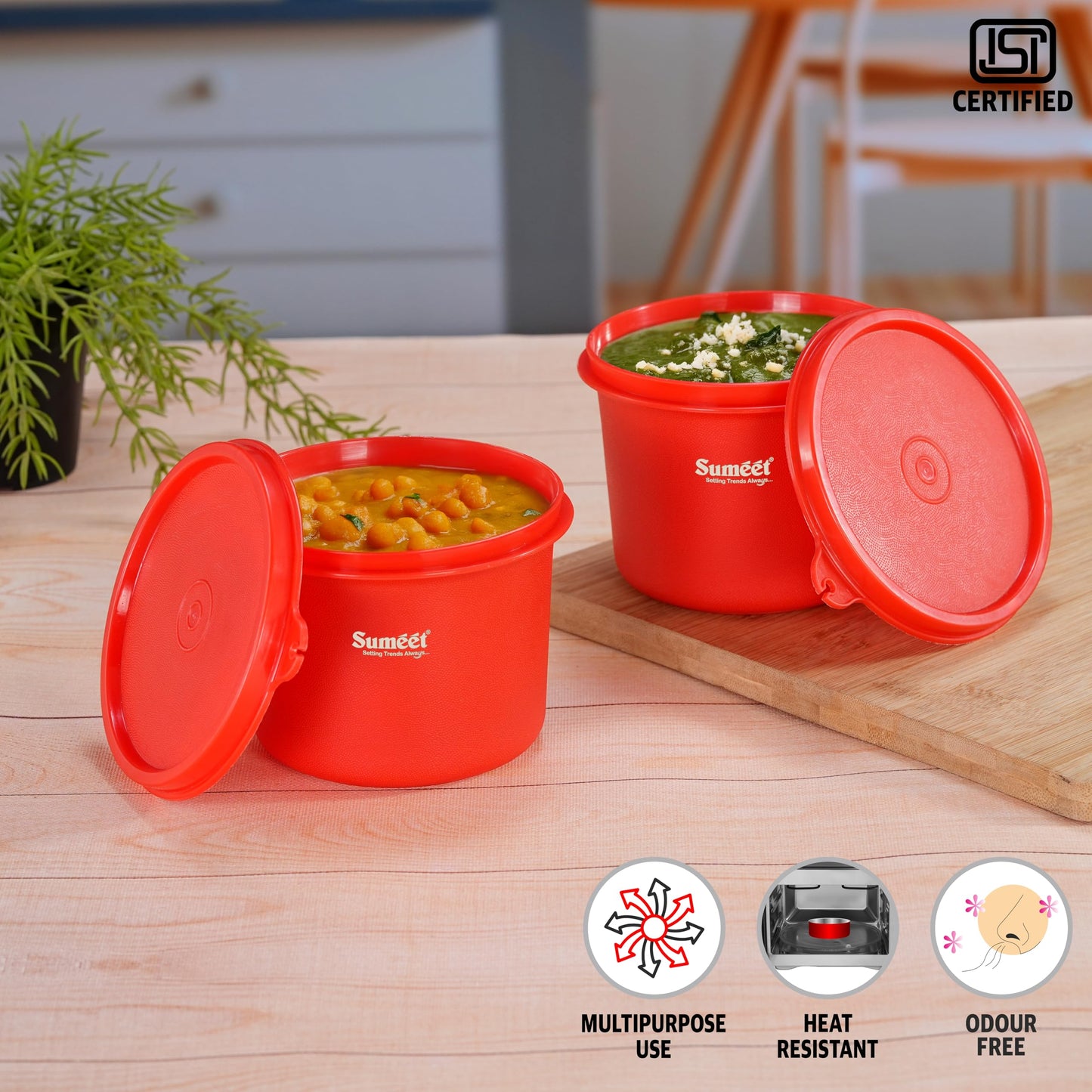 Sumeet ISI Certified Inside Steel Microwave Safe BPA Free Lunch Boxes/Storage Containers with Air Tight & Leak Proof Lid for Home/Office/School, 500ml, Set of 2, Red