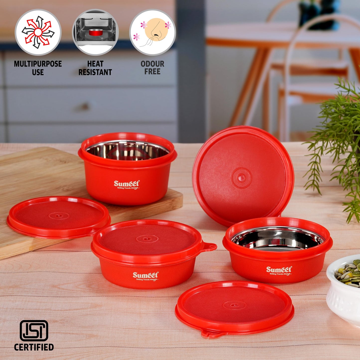 Sumeet ISI Certified Inside Steel Microwave Safe BPA Free Lunch Boxes/Storage Containers with Air Tight & Leak Proof Lid for Home/Office/School, 250ml & 350ml Set of 4, Red