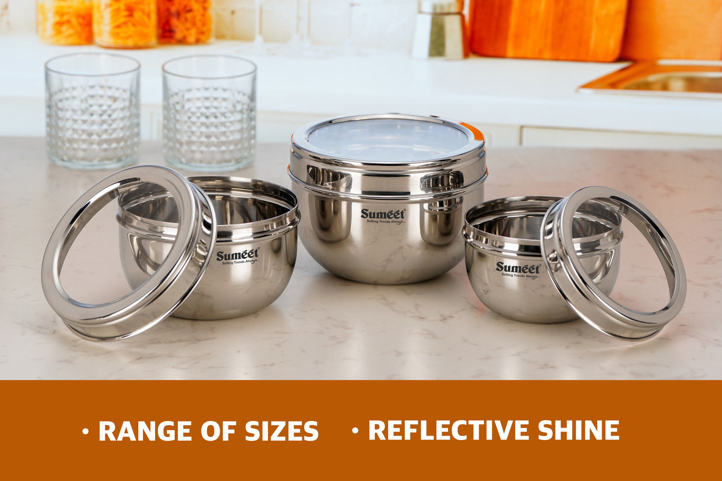 Sumeet Stainless Steel Apple Shape Storage Containers for kitchen with Transparent See Through Lid, 11cm, 13cm & 14.5cm Dia, 600ml, 900ml & 1250ml, Pack of 3, Silver