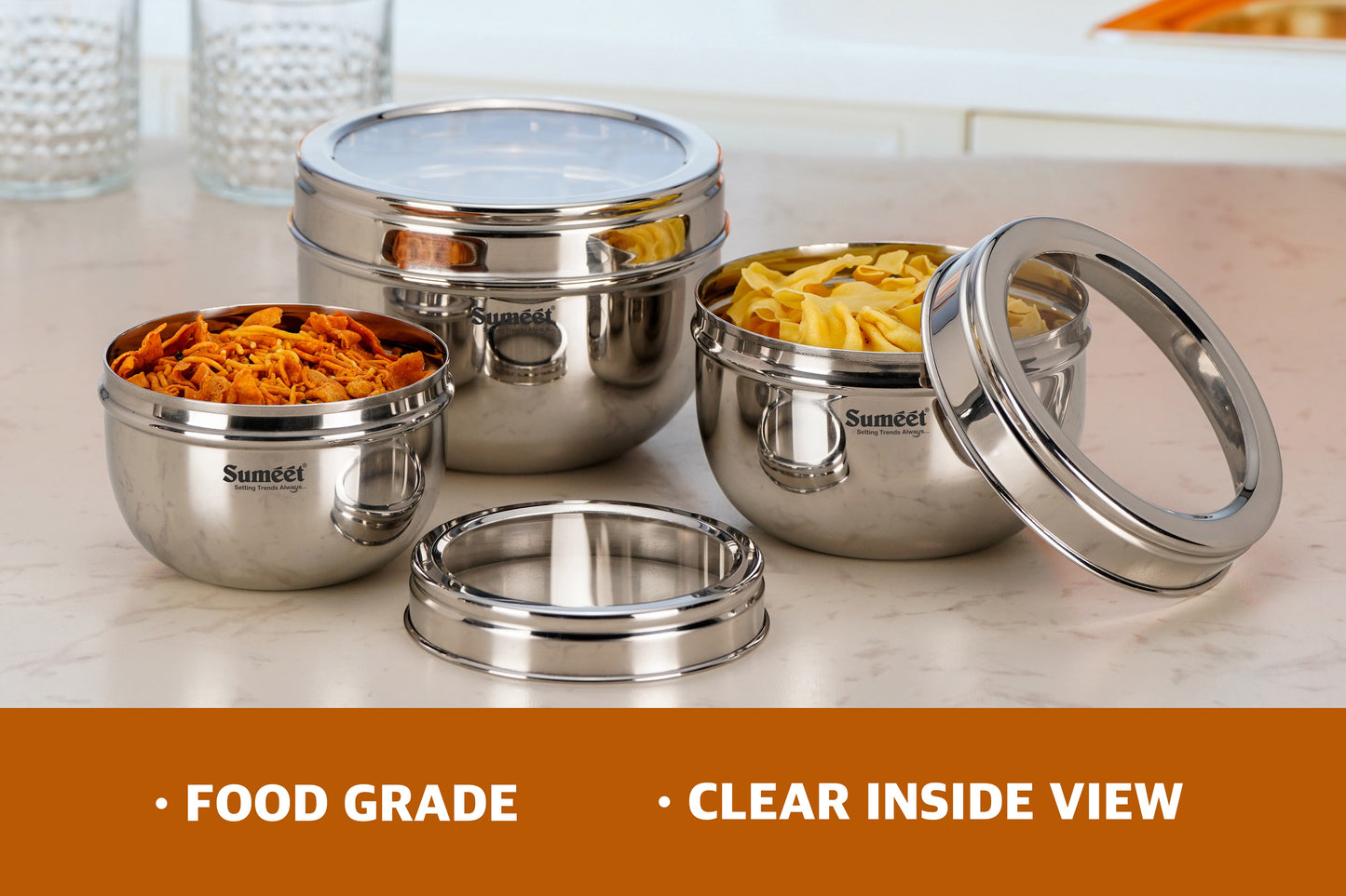Sumeet Stainless Steel Apple Shape Storage Containers for kitchen with Transparent See Through Lid, 11cm, 13cm & 14.5cm Dia, 600ml, 900ml & 1250ml, Pack of 3, Silver
