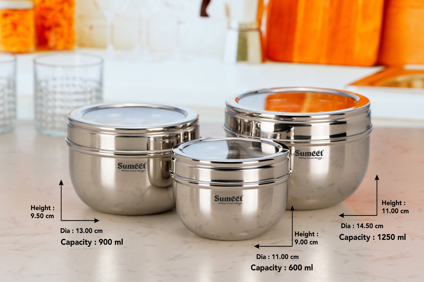 Sumeet Stainless Steel Apple Shape Storage Containers for kitchen with Transparent See Through Lid, 11cm, 13cm & 14.5cm Dia, 600ml, 900ml & 1250ml, Pack of 3, Silver