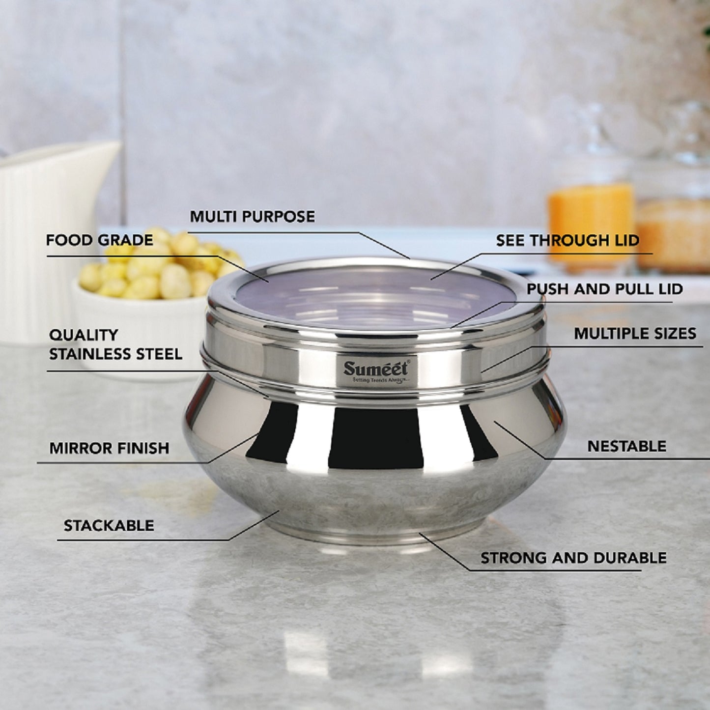 Sumeet Stainless Steel Handi Shape Big Size Canisters/Dabba/Storage Containers Set for kitchen with Transparent See Through Lid, 11.6cm Dia, 800ml, Pack of 1, Silver