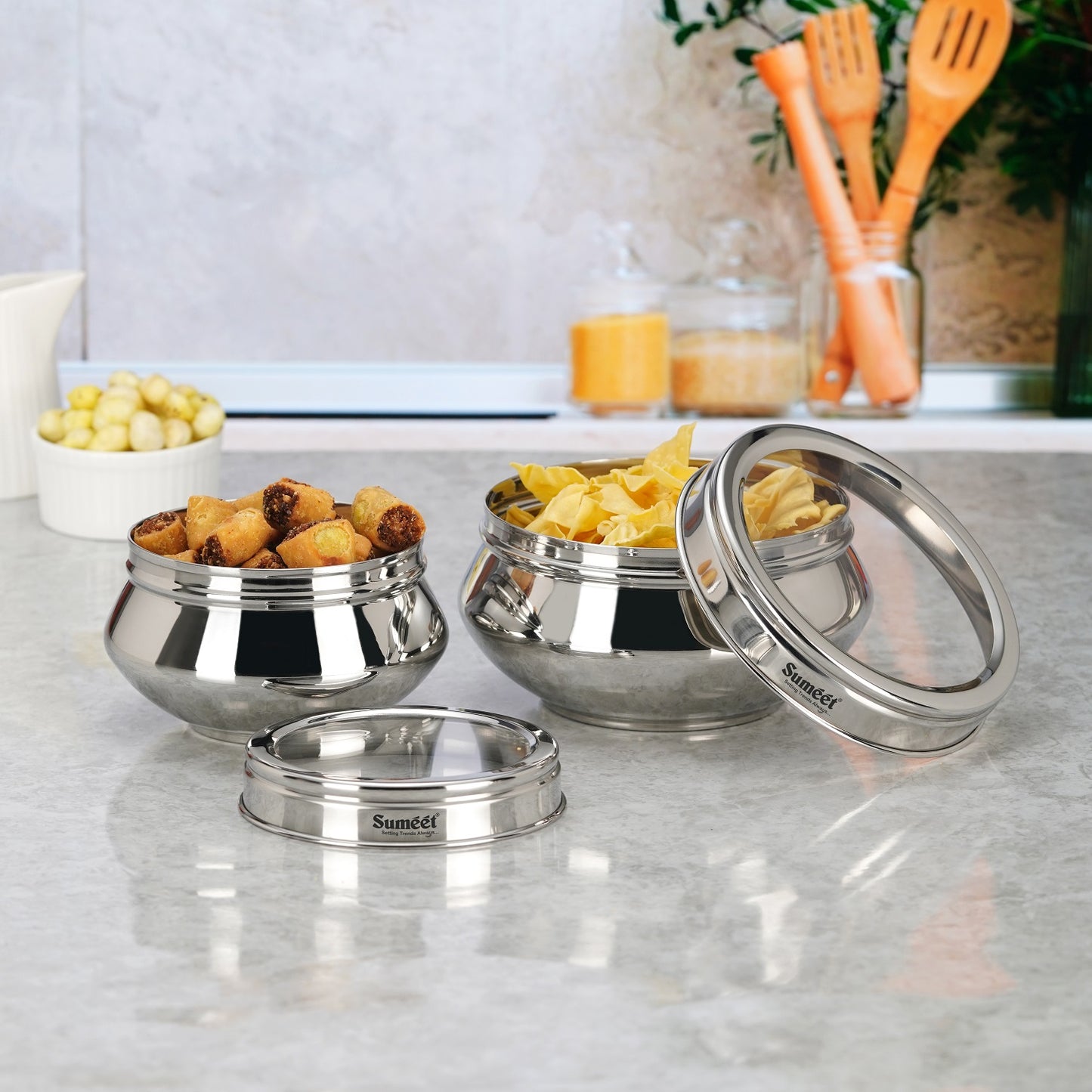 Sumeet Stainless Steel Handi Shape Big Size Canisters/Dabba/Storage Containers Set for kitchen with Transparent See Through Lid, 11.6cm & 14.5cm Dia, 800ml & 1400ml, Pack of 2, Silver