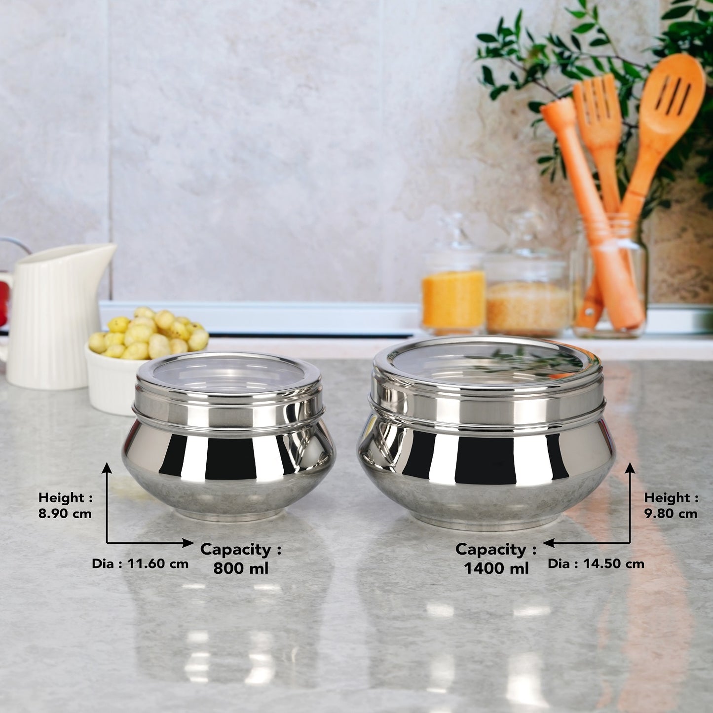 Sumeet Stainless Steel Handi Shape Big Size Canisters/Dabba/Storage Containers Set for kitchen with Transparent See Through Lid, 11.6cm & 14.5cm Dia, 800ml & 1400ml, Pack of 2, Silver