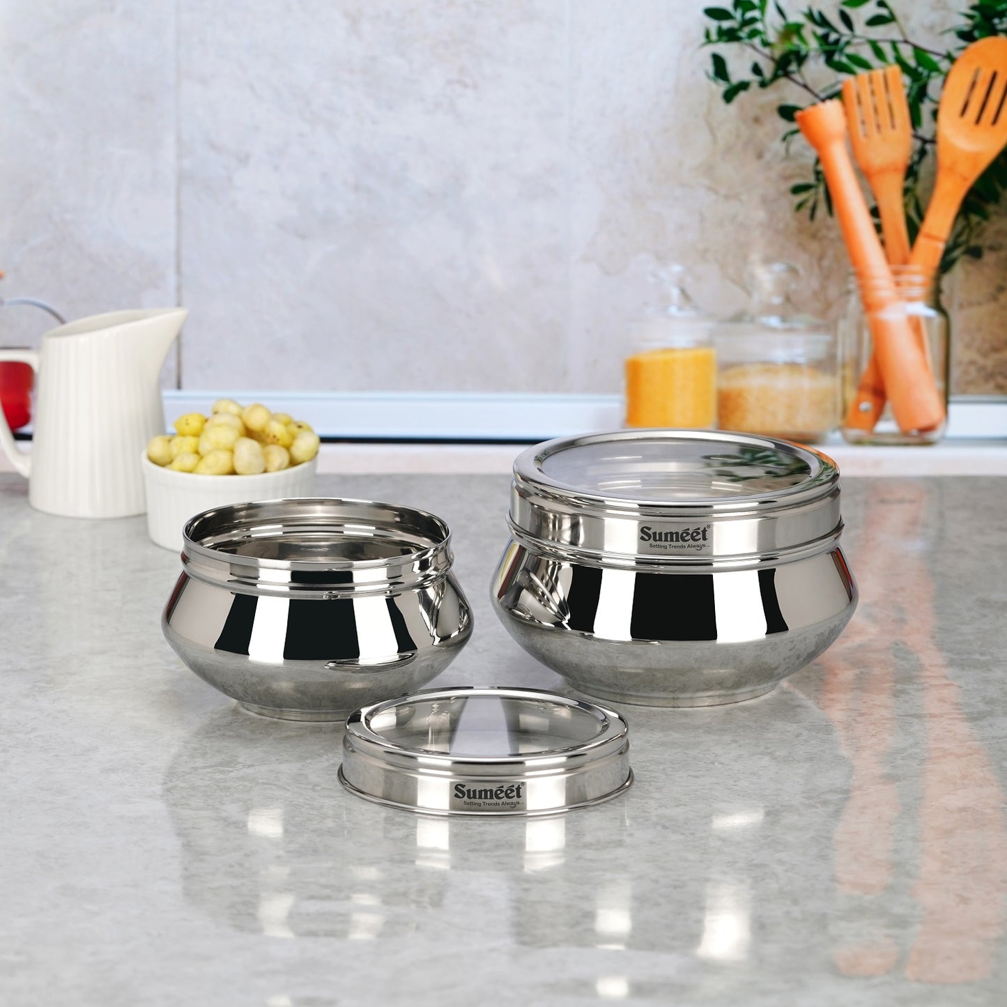 Sumeet Stainless Steel Handi Shape Big Size Canisters/Dabba/Storage Containers Set for kitchen with Transparent See Through Lid, 11.6cm & 14.5cm Dia, 800ml & 1400ml, Pack of 2, Silver