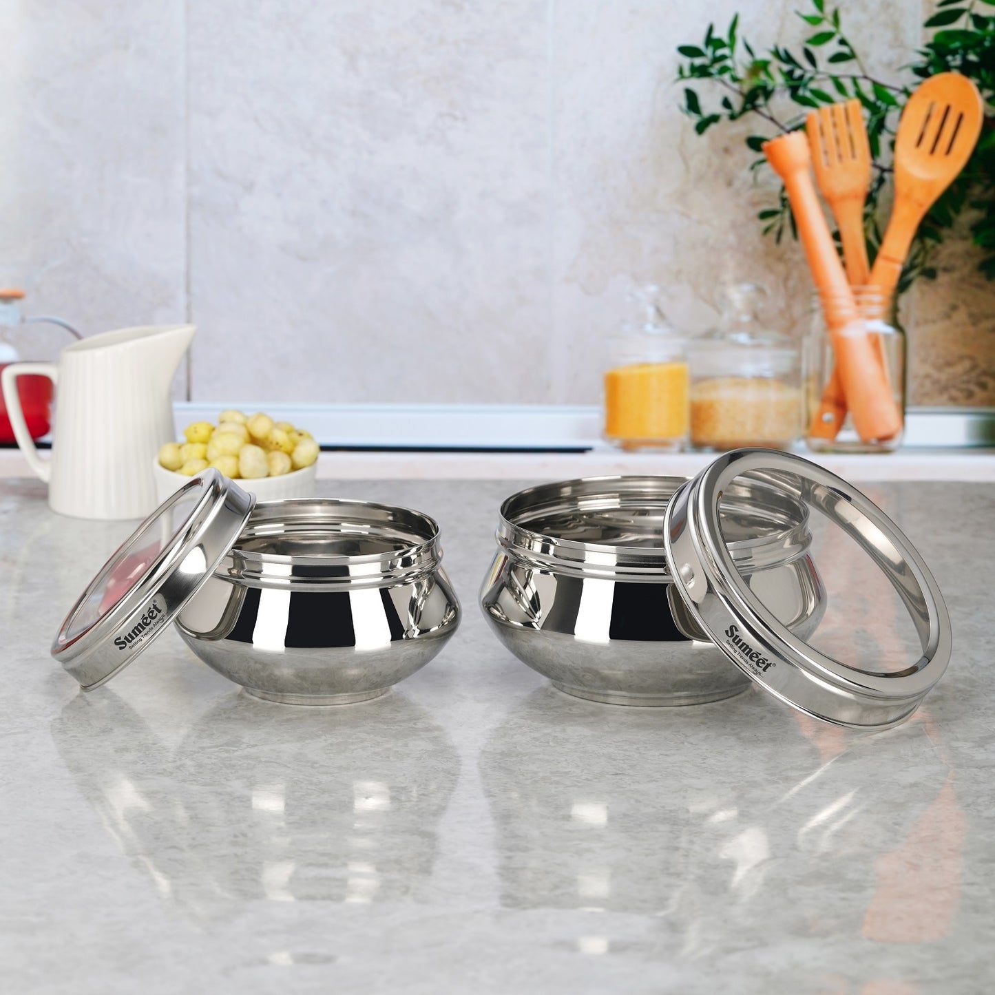 Sumeet Stainless Steel Handi Shape Big Size Canisters/Dabba/Storage Containers Set for kitchen with Transparent See Through Lid, 11.6cm & 14.5cm Dia, 800ml & 1400ml, Pack of 2, Silver