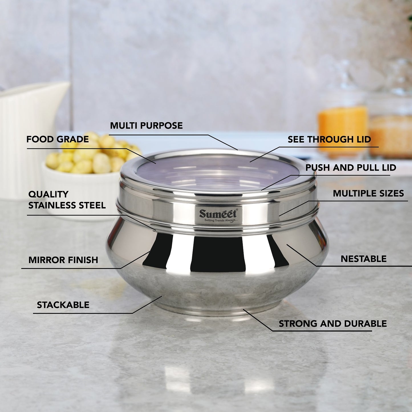 Sumeet Stainless Steel Handi Shape Big Size Canisters/Dabba/Storage Containers Set for kitchen with Transparent See Through Lid, 14.5cm Dia, 1400ml, Pack of 2, Silver