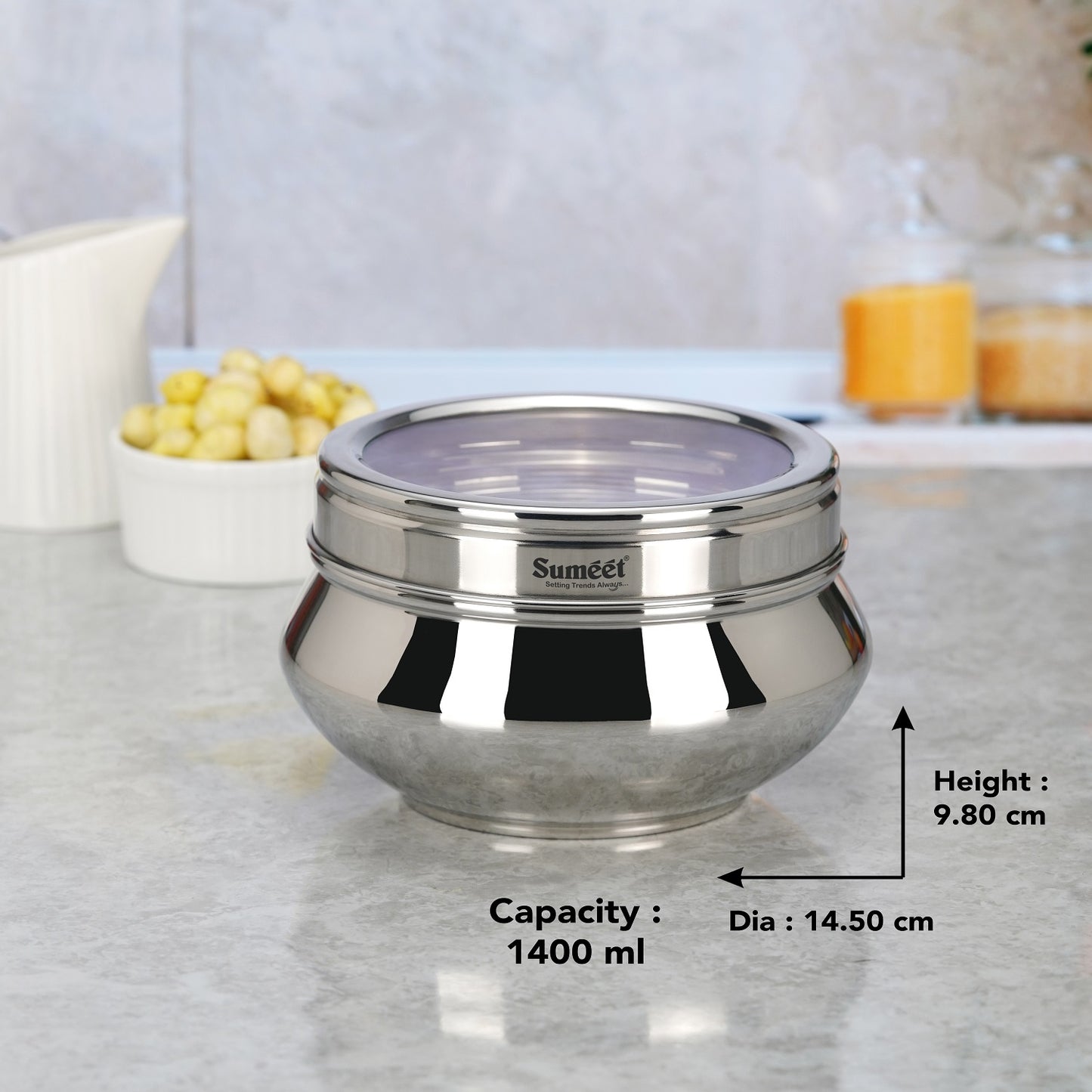 Sumeet Stainless Steel Handi Shape Big Size Canisters/Dabba/Storage Containers Set for kitchen with Transparent See Through Lid, 14.5cm Dia, 1400ml, Pack of 2, Silver