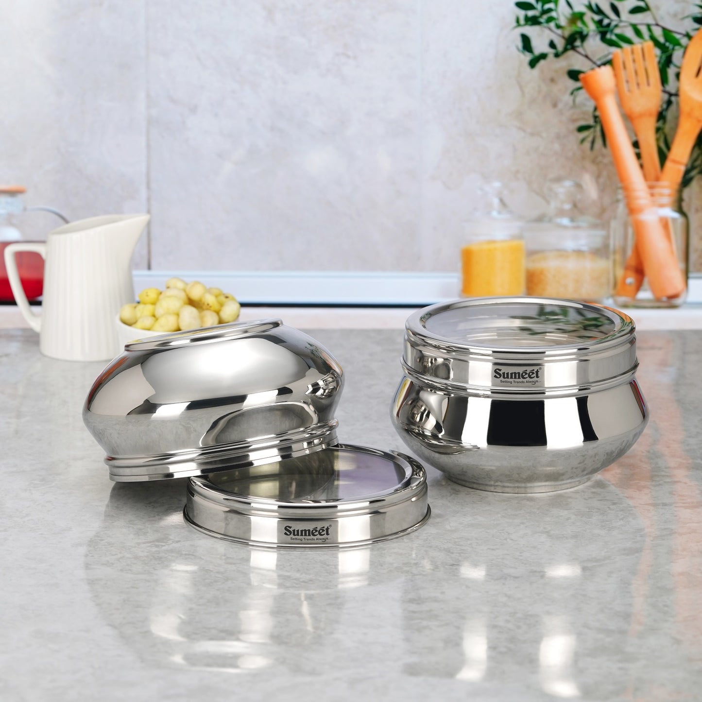 Sumeet Stainless Steel Handi Shape Big Size Canisters/Dabba/Storage Containers Set for kitchen with Transparent See Through Lid, 14.5cm Dia, 1400ml, Pack of 2, Silver