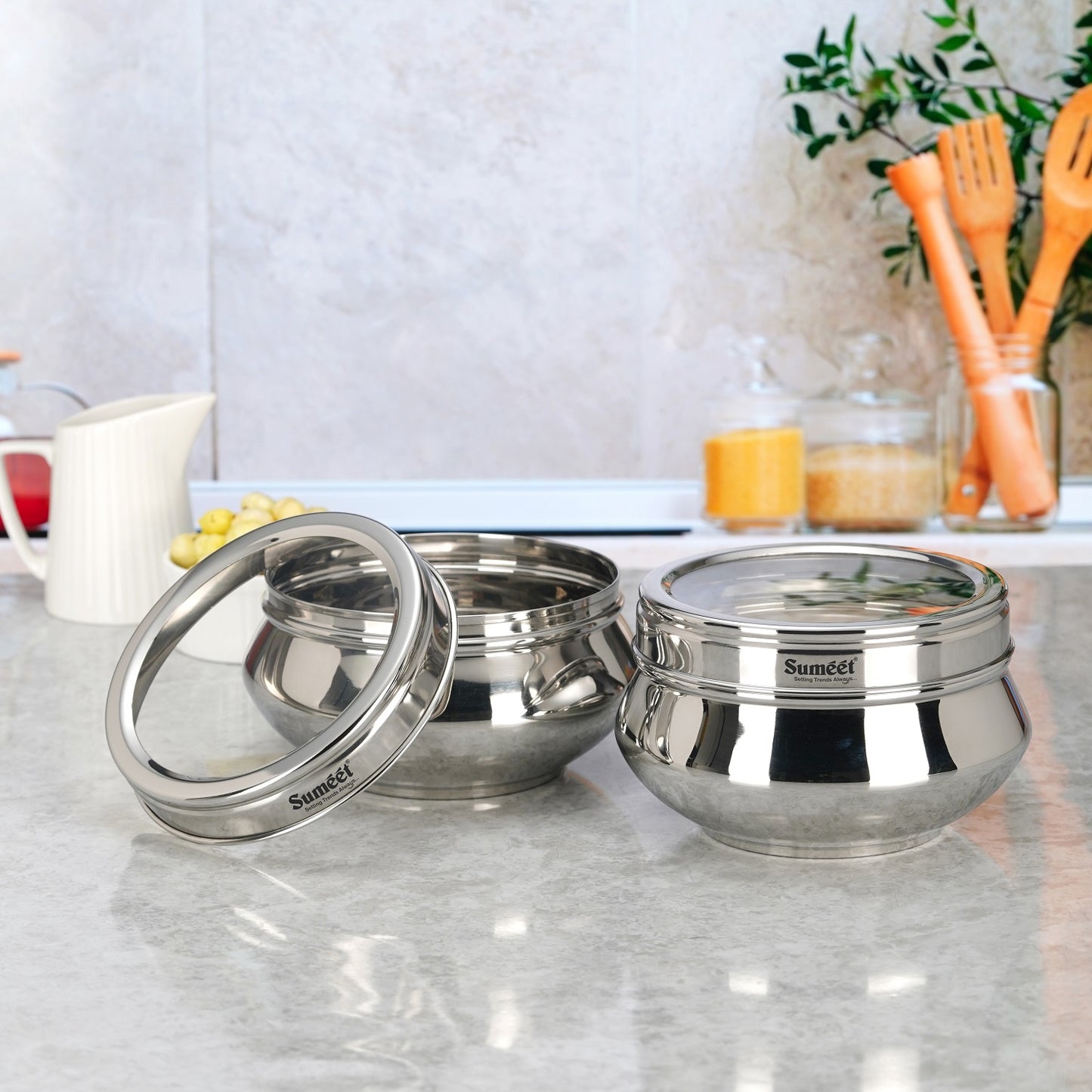 Sumeet Stainless Steel Handi Shape Big Size Canisters/Dabba/Storage Containers Set for kitchen with Transparent See Through Lid, 14.5cm Dia, 1400ml, Pack of 2, Silver