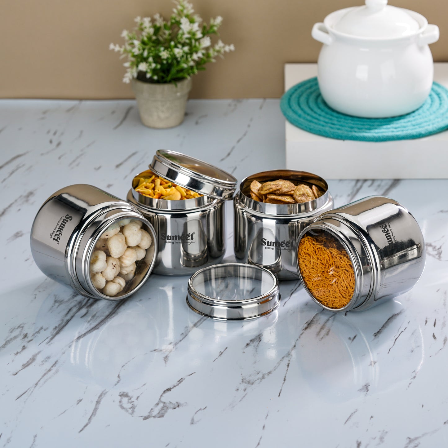 Sumeet Stainless Steel Canisters/Dabba/Storage Containers for Kitchen with See Through Lid, Set of 4 Pcs, 1450ml Each, 13.5cm Dia, Silver