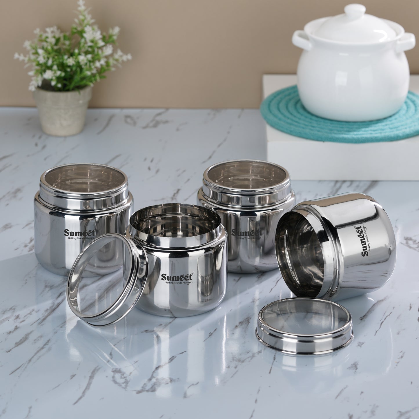 Sumeet Stainless Steel Canisters/Dabba/Storage Containers for Kitchen with See Through Lid, Set of 4 Pcs, 1450ml Each, 13.5cm Dia, Silver