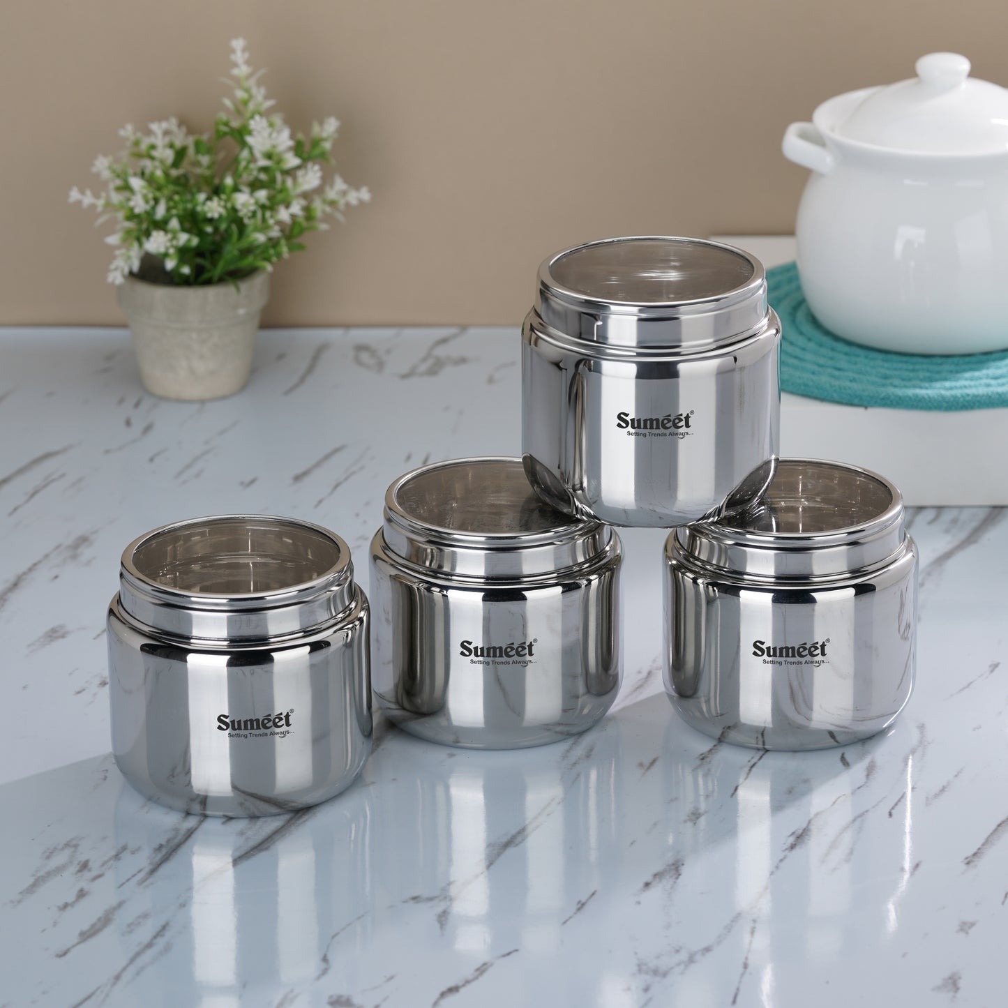 Sumeet Stainless Steel Canisters/Dabba/Storage Containers for Kitchen with See Through Lid, Set of 4 Pcs, 1450ml Each, 13.5cm Dia, Silver