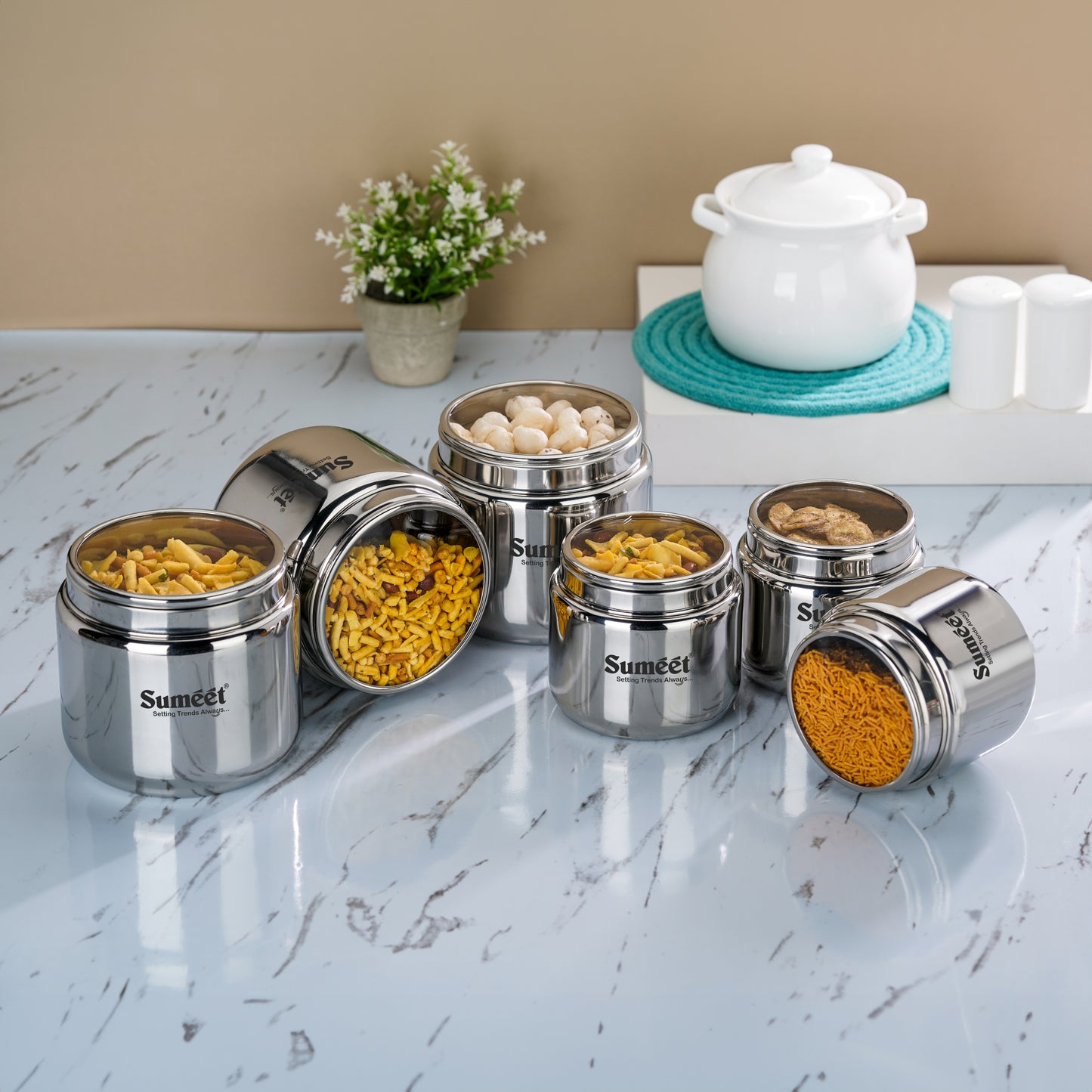 Sumeet Stainless Steel Canisters/Dabba/Storage Containers for Kitchen with See Through Lid, Combo of 6 Pcs (800ml -3Pcs with 11cm Dia & 1450ml - 3Pcs with 13.5cm Dia), Silver