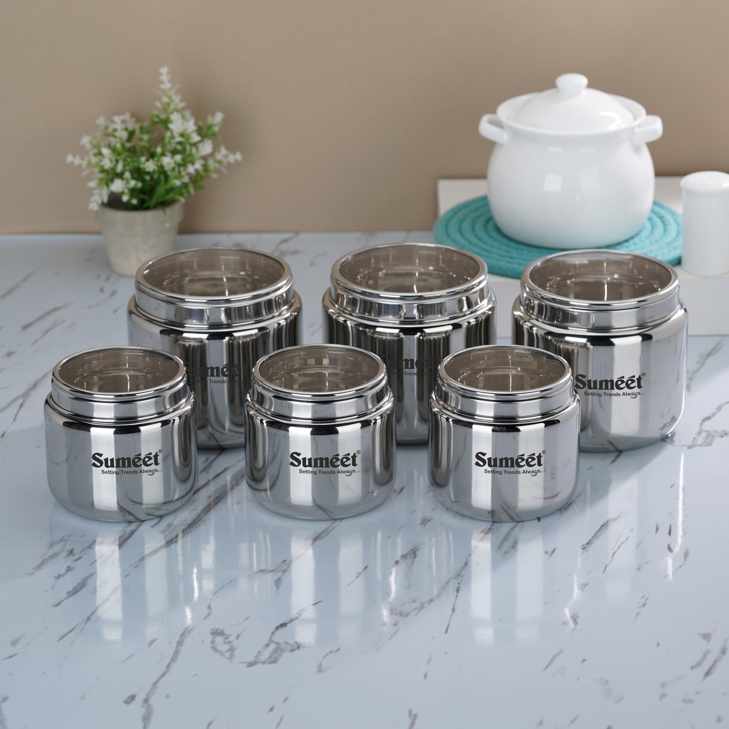 Sumeet Stainless Steel Canisters/Dabba/Storage Containers for Kitchen with See Through Lid, Combo of 6 Pcs (800ml -3Pcs with 11cm Dia & 1450ml - 3Pcs with 13.5cm Dia), Silver