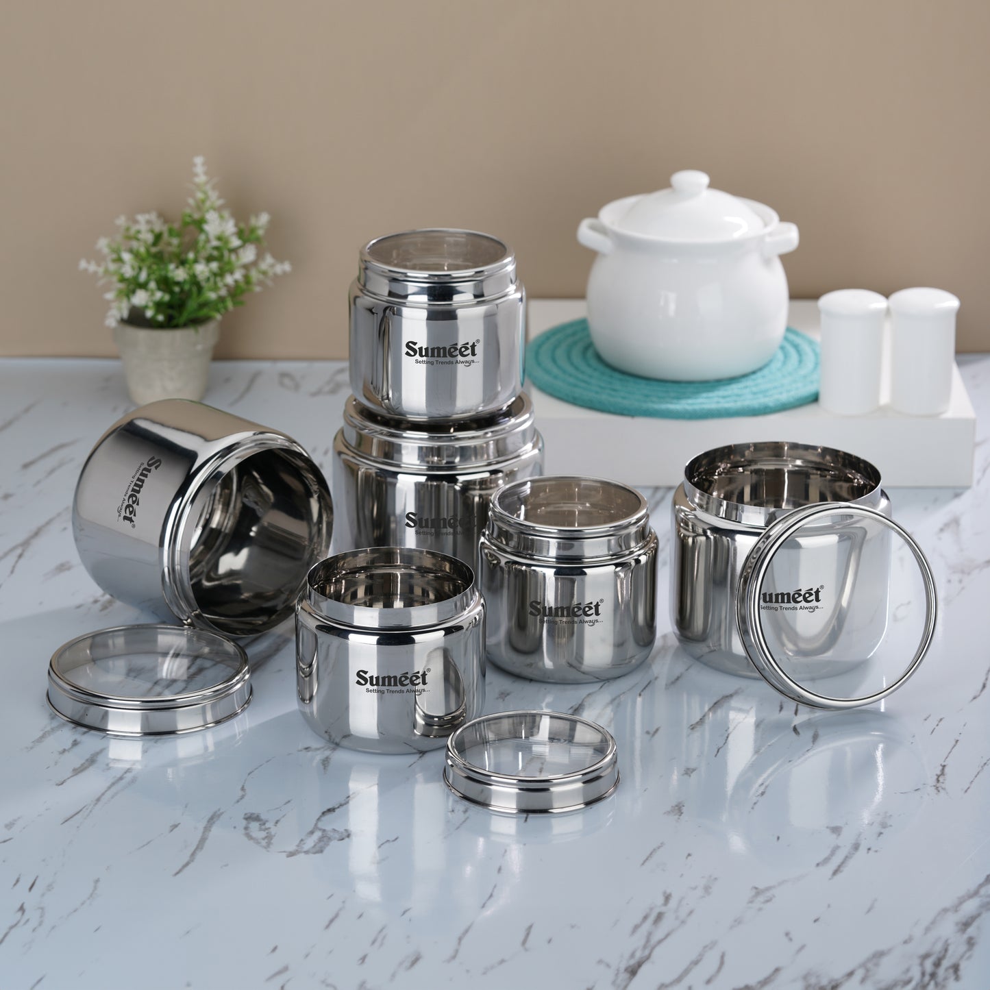 Sumeet Stainless Steel Canisters/Dabba/Storage Containers for Kitchen with See Through Lid, Combo of 6 Pcs (800ml -3Pcs with 11cm Dia & 1450ml - 3Pcs with 13.5cm Dia), Silver