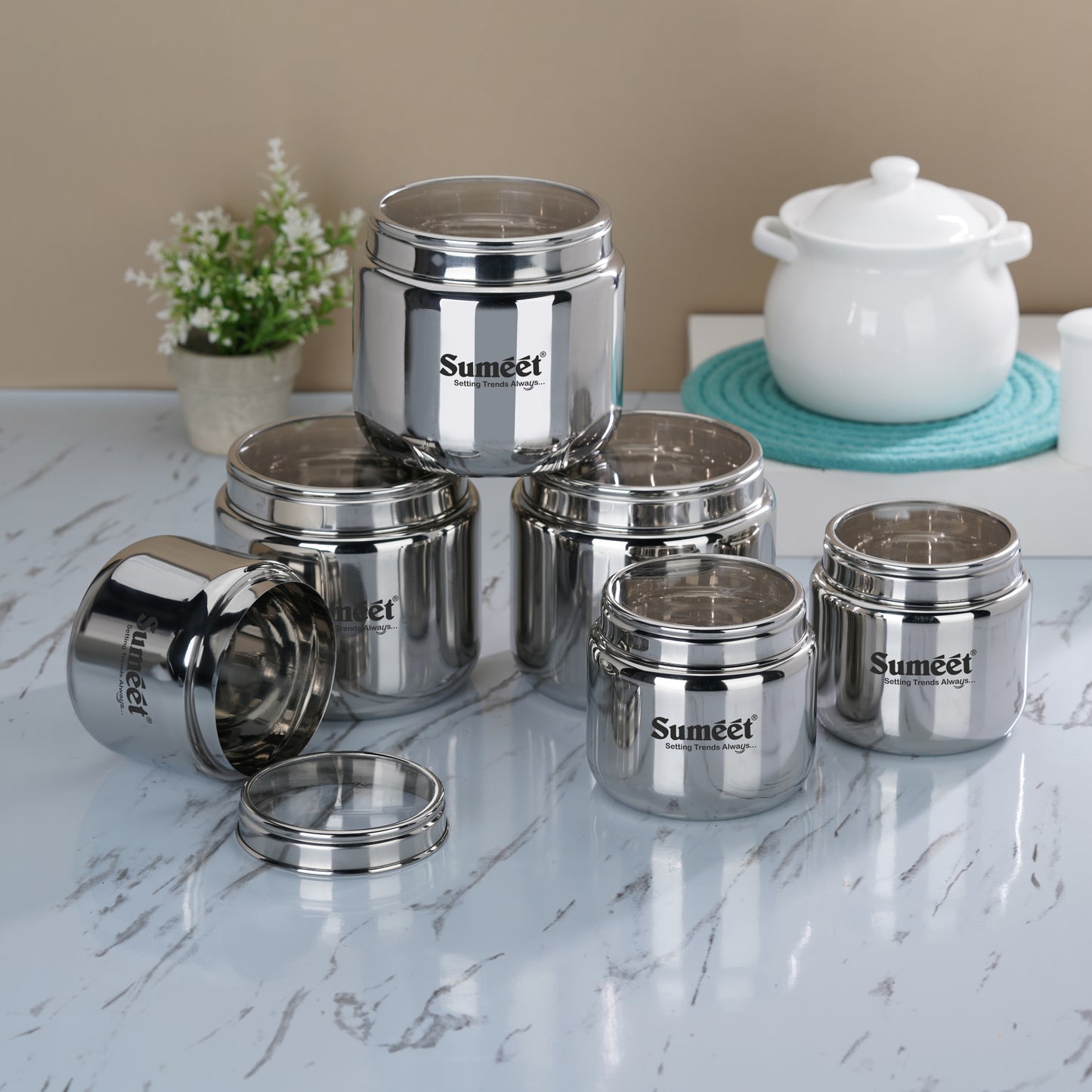 Sumeet Stainless Steel Canisters/Dabba/Storage Containers for Kitchen with See Through Lid, Combo of 6 Pcs (800ml -3Pcs with 11cm Dia & 1450ml - 3Pcs with 13.5cm Dia), Silver