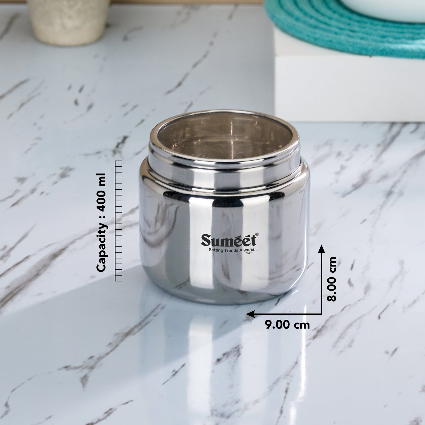 Sumeet Stainless Steel Small Canisters/Dabba/Storage Containers for Kitchen with See Through Lid, Set of 2 Pcs, 400ml Each, 9cm Dia, Silver