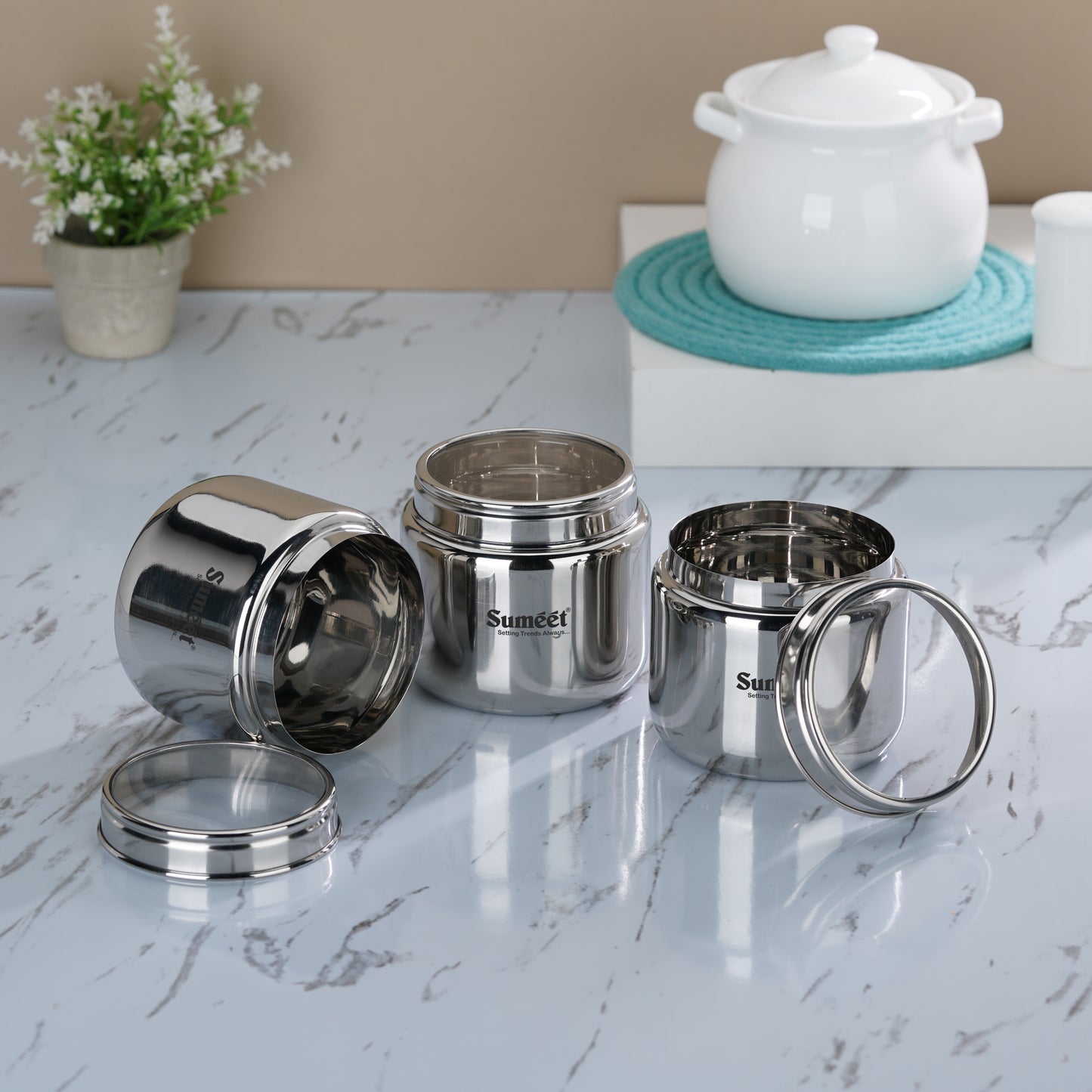 Sumeet Stainless Steel Small Canisters/Dabba/Storage Containers for Kitchen with See Through Lid, Set of 3 Pcs, 400ml Each, 9cm Dia, Silver