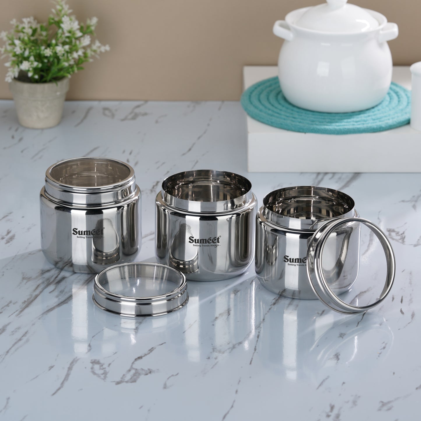 Sumeet Stainless Steel Small Canisters/Dabba/Storage Containers for Kitchen with See Through Lid, Set of 3 Pcs, 400ml Each, 9cm Dia, Silver