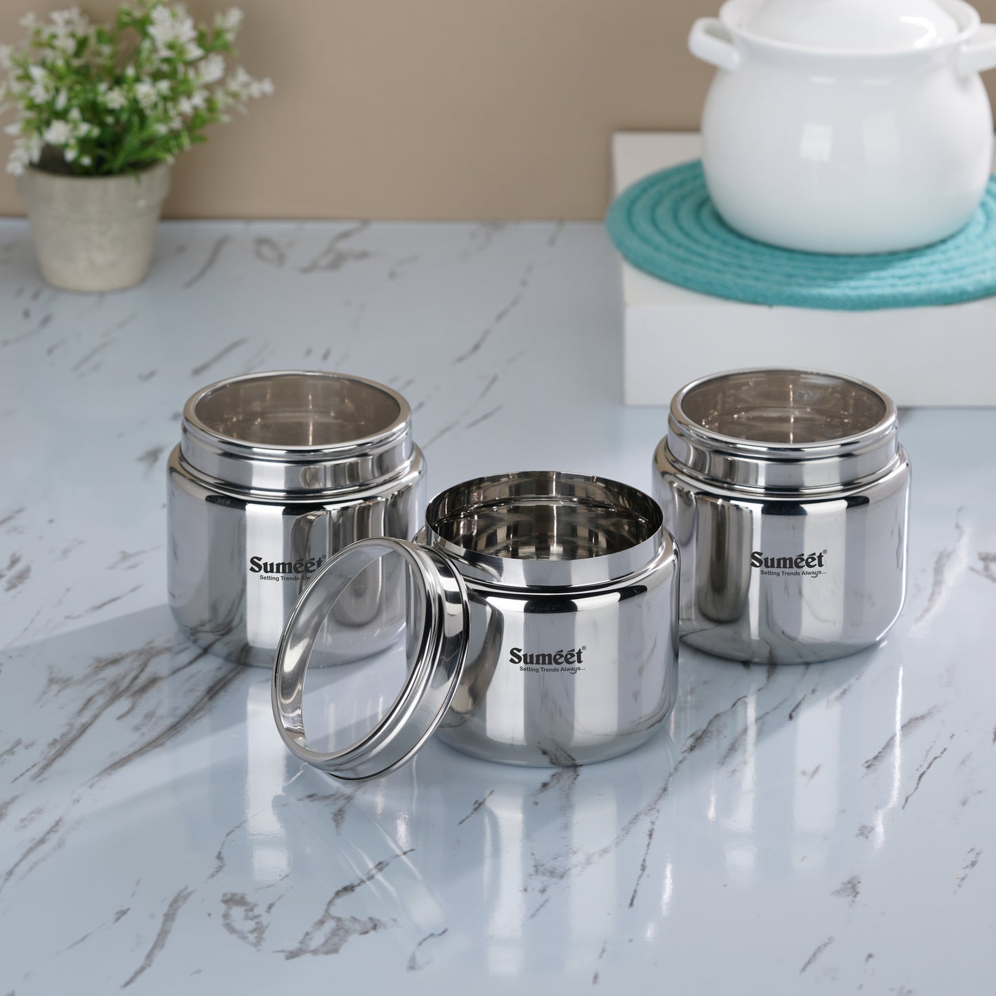 Sumeet Stainless Steel Small Canisters/Dabba/Storage Containers for Kitchen with See Through Lid, Set of 3 Pcs, 400ml Each, 9cm Dia, Silver