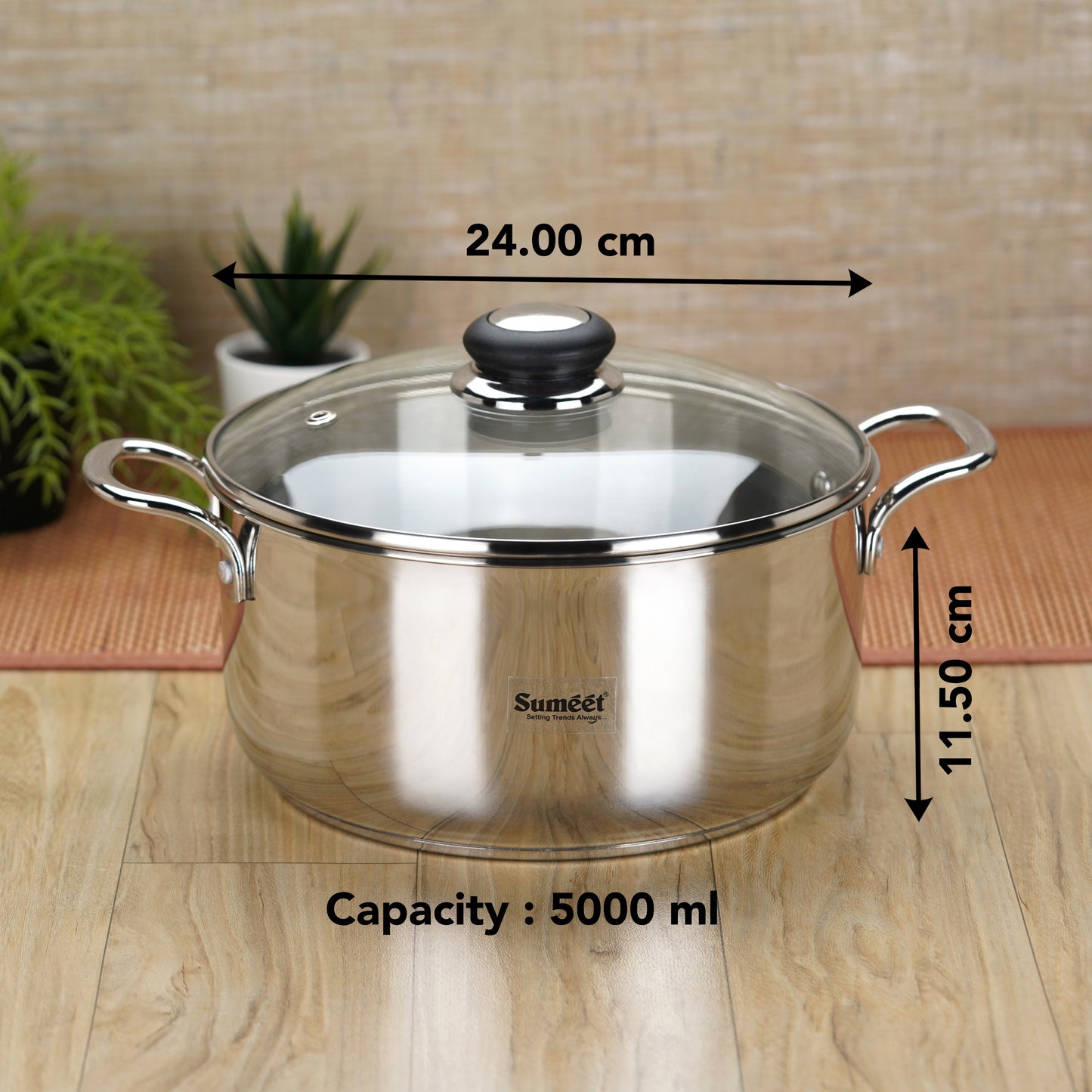 Sumeet Stainless Steel Induction Bottom (Encapsulated Bottom) Casserole with Glass Lid 5 LTR, 24 cm Dia, Silver