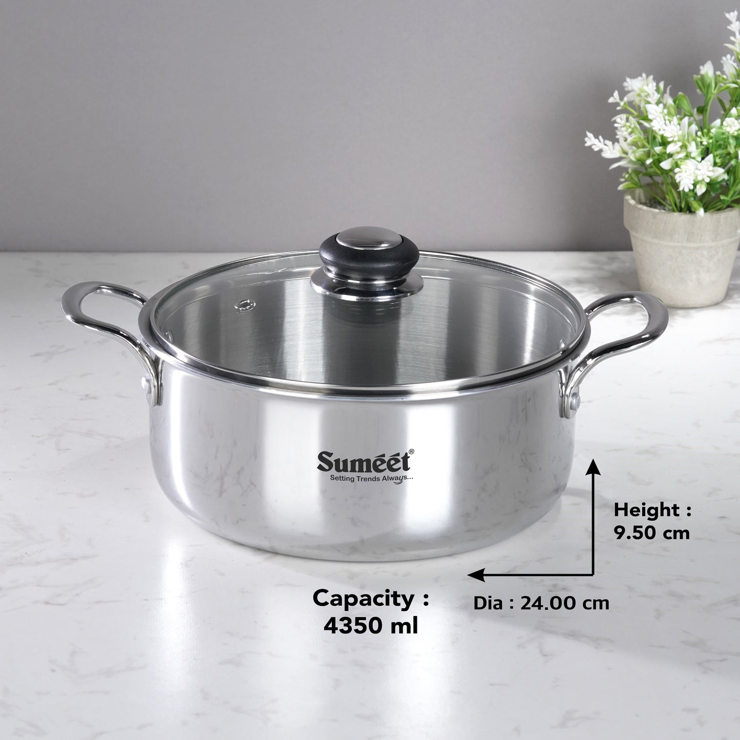 Sumeet Cook Smart TriPly Steel-Aluminium-Steel - 3 Layers Casserole/Biryani Pot/Stock Pot with Glass Lid- 4.35Ltr - 24Cm, Silver
