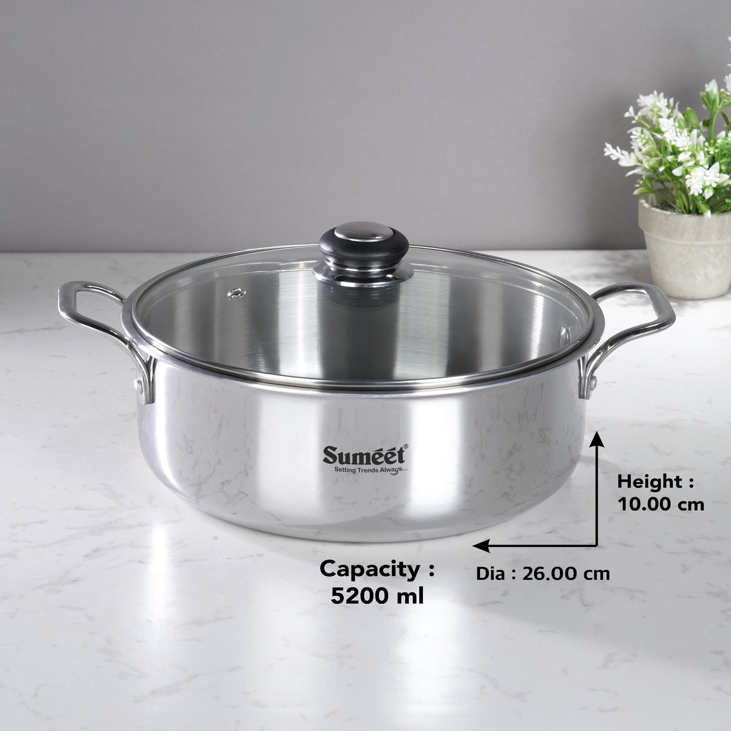 Sumeet Cook Smart TriPly Steel-Aluminium-Steel - 3 Layers Casserole/Biryani Pot/Stock Pot with Glass Lid- 5.2Ltr - 26Cm, Silver
