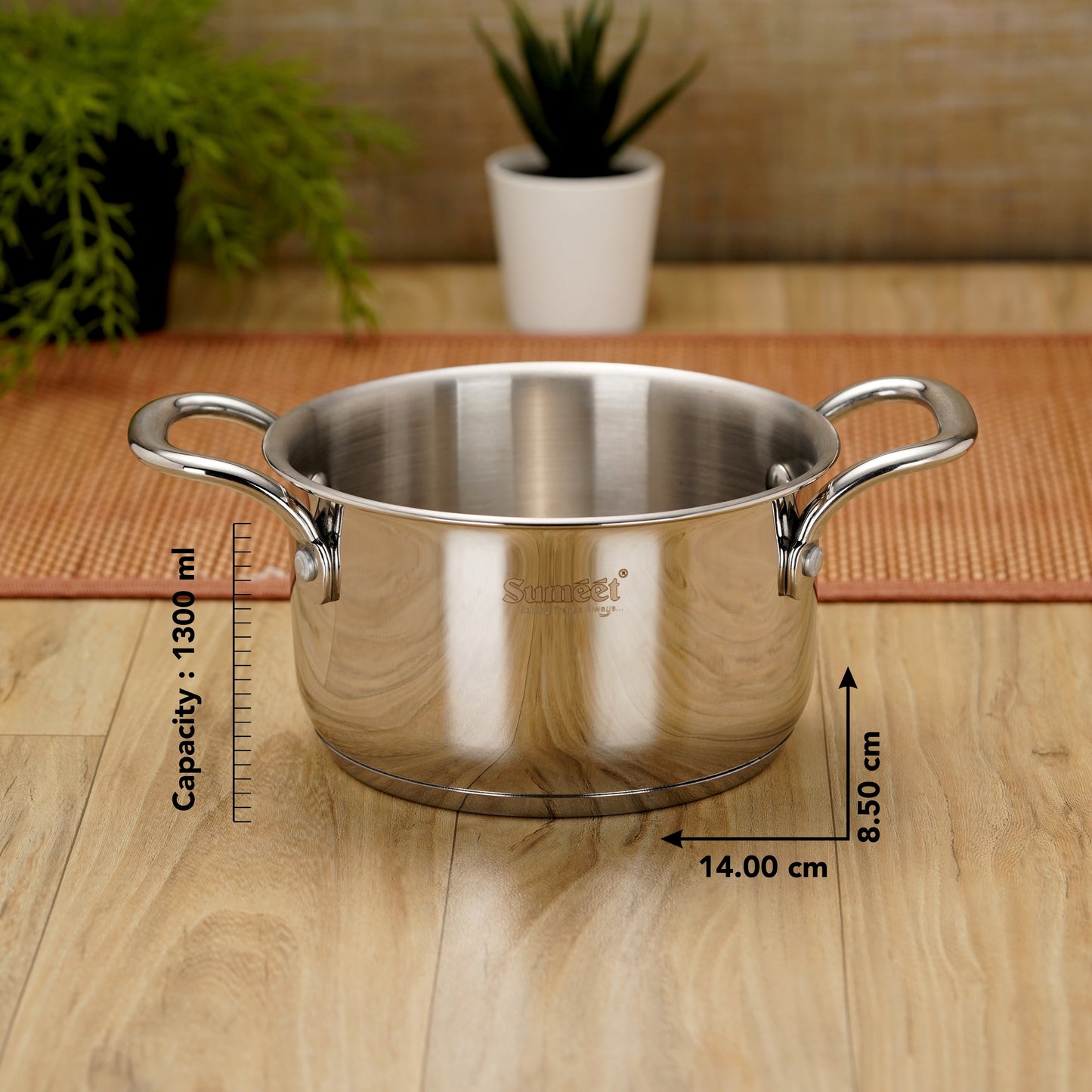 Sumeet Stainless Steel Induction Bottom (Encapsulated Bottom) Casserole 1.3 LTR, 14 cm Dia, Silver