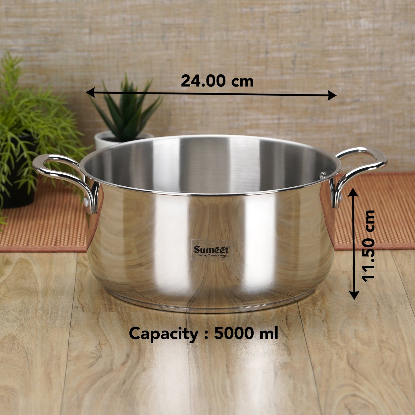 Sumeet Stainless Steel Induction Bottom (Encapsulated Bottom) Casserole 5 LTR, 24 cm Dia, Silver