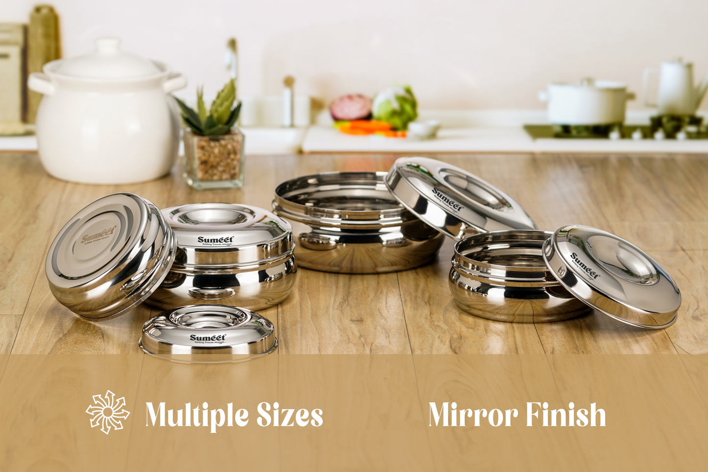 Sumeet Stainless Steel Round Shape Canisters/Puri Dabba/Storage Containers for Kitchen, 9.7cm, 11.2cm, 12.5cm & 14cm Dia, 300ml, 500ml, 700ml & 850ml, Pack of 4, Silver