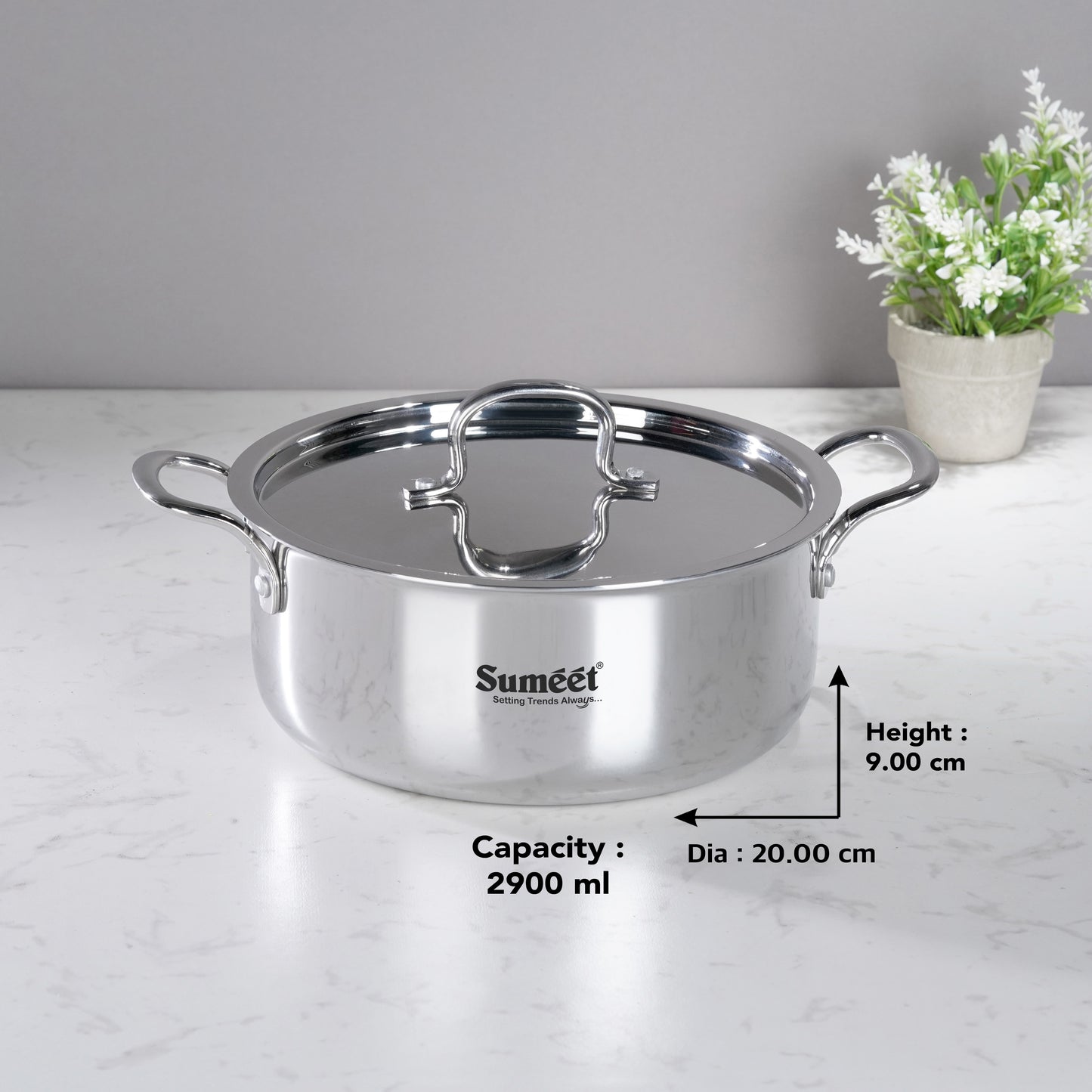 Sumeet Cook Smart TriPly Steel-Aluminium-Steel - 3 Layers Casserole/Biryani Pot/Stock Pot with S.S. Lid- 2.9Ltr - 20Cm, Silver