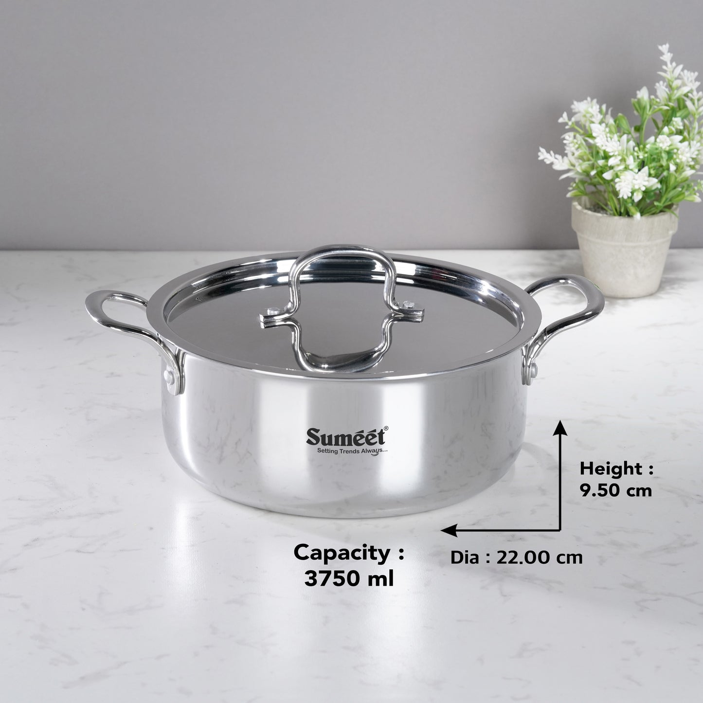 Sumeet Cook Smart TriPly Steel-Aluminium-Steel - 3 Layers Casserole/Biryani Pot/Stock Pot with S.S. Lid- 3.75Ltr - 22 Cm, Silver