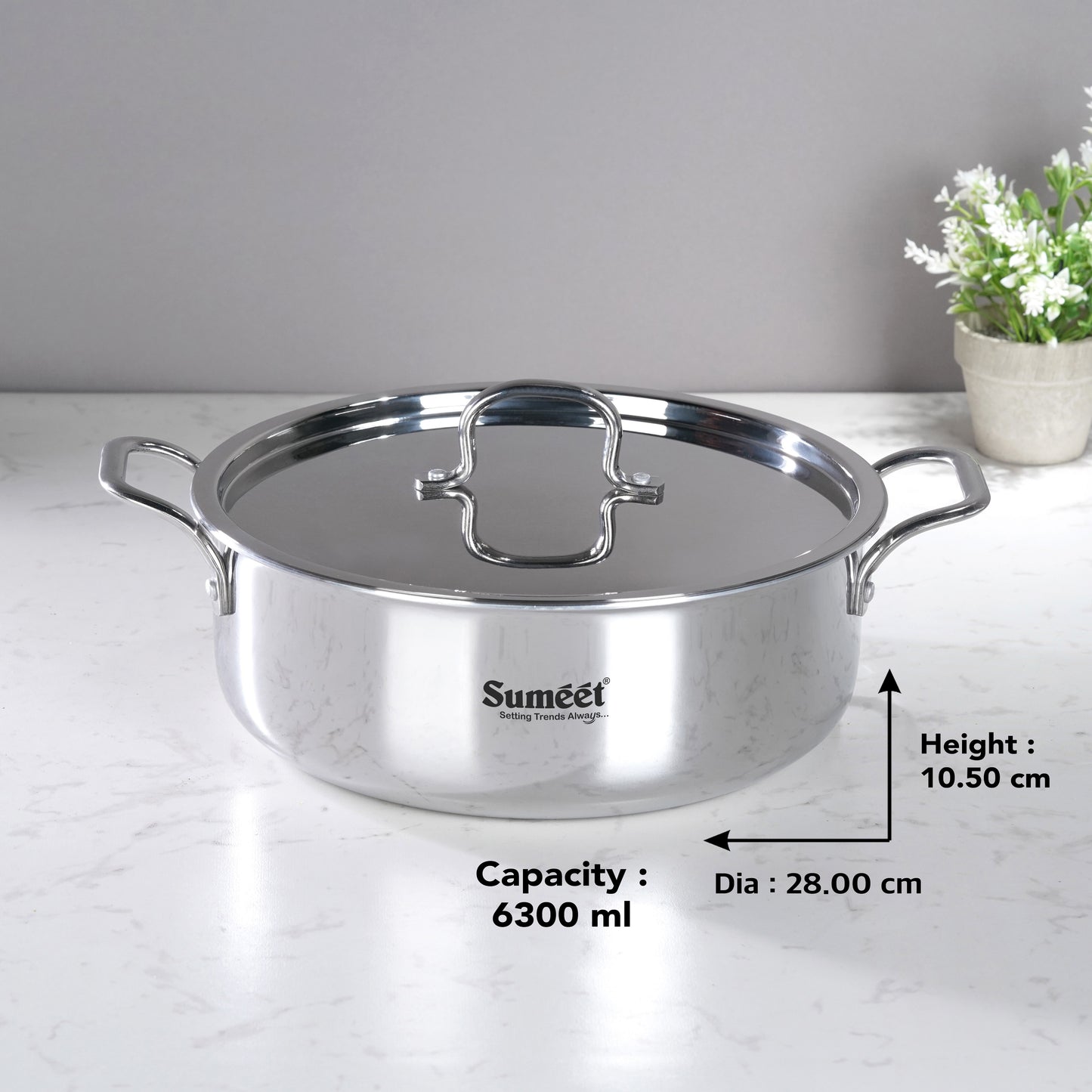 Sumeet Cook Smart TriPly Steel-Aluminium-Steel - 3 Layers Casserole/Biryani Pot/Stock Pot with S.S. Lid- 6.3Ltr - 28Cm, Silver