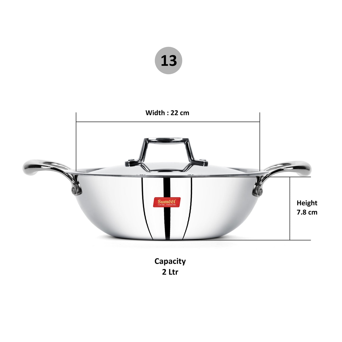 Sumeet Cook Smart TriPly Steel-Aluminium-Steel - 3 Layers Kadhai with Lid - 2Ltr - 22Cm