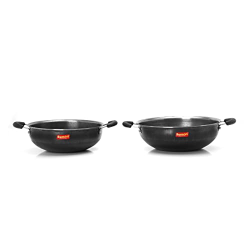 Sumeet Pre Seasoned Iron Kadai Set of 2 (Double Side Handle)2.5mm Thick (22.8 cm, 25.2cm), 2.3Ltr, 3Ltr