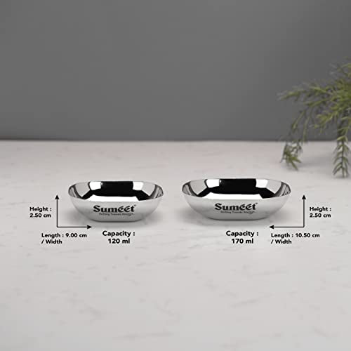 Sumeet Stainless Steel Small Apple Square Shape Plate/Dessert Plate/Halwa Plate Combo Set of 12pcs, 9cm & 10.5cm Dia, 120ML & 170ML (Each 6pcs) - Silver