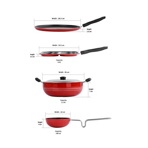 Sumeet 2.6mm Thick Non-Stick Rudh Cookware Set (Dosa Tawa – 26.5cm Dia + Mini Multi Snack Maker – 19.5cm Dia + Kadhai with Lid – 1.5Ltr Capacity- 20cm Dia + Tadka Pan – 10cm Dia)