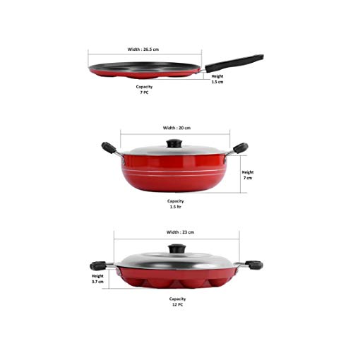 Sumeet 2.6mm Thick Non-Stick Red Joy Combo Set (Multi Snack Maker – 26.5cm Dia + Kadhai with Lid – 1.5Ltr Capacity- 20cm Dia + Grill Appam Patra with Lid – 23cm Dia)