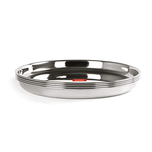 Sumeet Stainless Steel Heavy Gauge Deep Wall Dinner Plates with Mirror Finish 31.3cm Dia - Set of 4pc