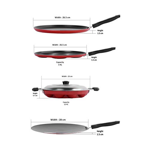 Sumeet 2.6mm Thick Non-Stick Rod Cookware Set (Dosa Tawa – 26.5cm Dia + Multi Snack Maker – 26.5cm Dia + Grill Appam Patra with Lid – 23cm Dia + Concave Tawa – 28cm Dia)