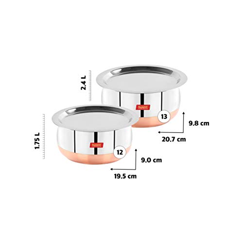 Sumeet Stainless Steel Copper Bottom Belly Shape 2 Pc Tope / Cookware/ Pot Set with Lid 1.75Ltr, 2.4Ltr (Silver)