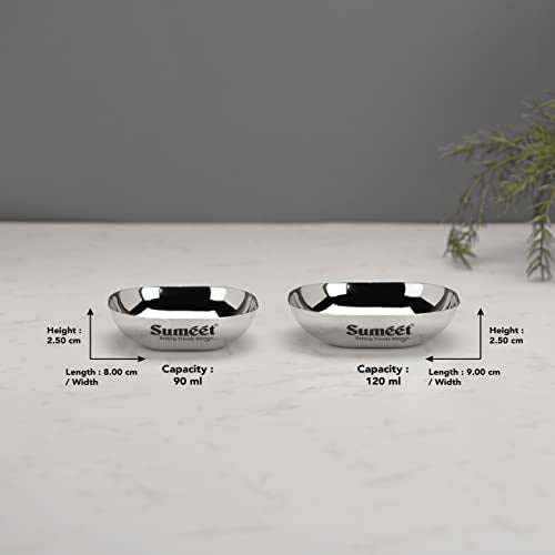 Sumeet Stainless Steel Small Apple Square Shape Plate/Dessert Plate/Halwa Plate Combo Set of 12pcs, 8cm & 9cm Dia, 90ML & 120ML (Each 6pcs) - Silver