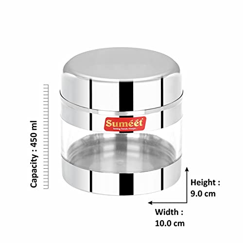 Sumeet Stainless Steel Circular See Through/Transparent Container, Set of 4Pc, 450 Ml Each, 10cm Dia - Silver