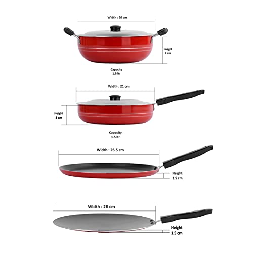 Sumeet 2.6mm Thick Non-Stick MENA Cookware Set (Dosa Tawa – 26.5cm Dia + Concave Tawa – 28cm Dia + Kadhai with Lid – 1.5Ltr Capacity- 20cm Dia + Fry pan – 1.5Ltr Capacity – 21cm Dia)